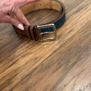 Cole Haan Brown Leather Belt with Blue Fabric Stripe and Silver Buckle